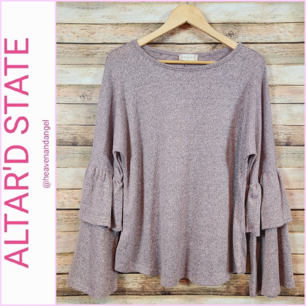 Altar'd State Double Ruffle Bell Sleeve Top - Pink Gray Heathered